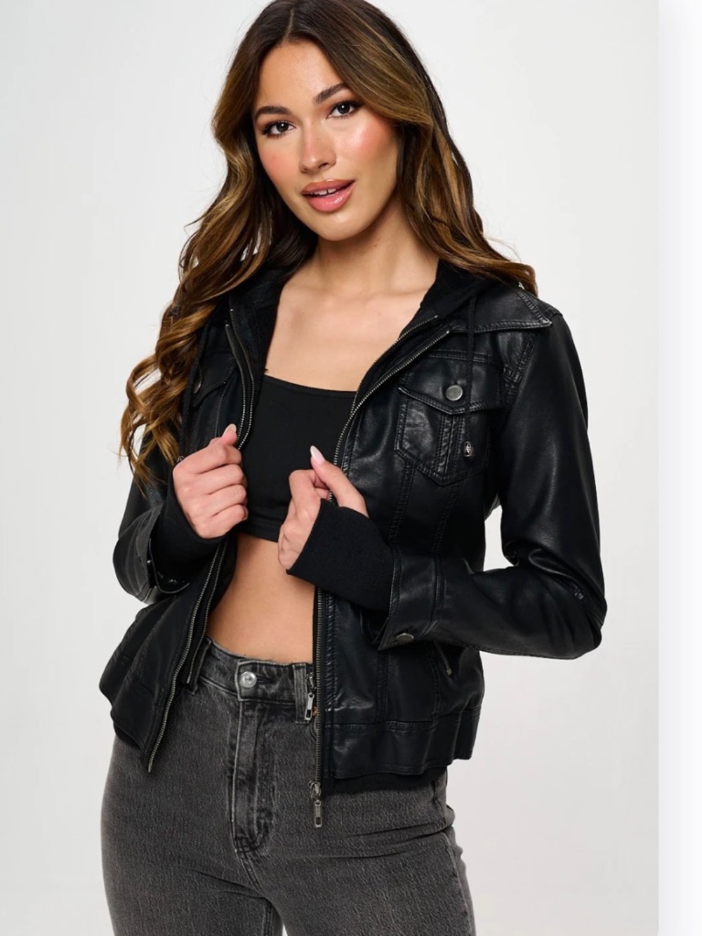 LA Coalition Double Zip Black Faux Leather Hooded Jacket